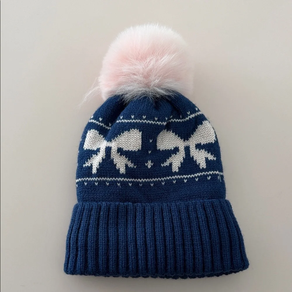 Kids Blue and Pink Pom-Pom Beanie